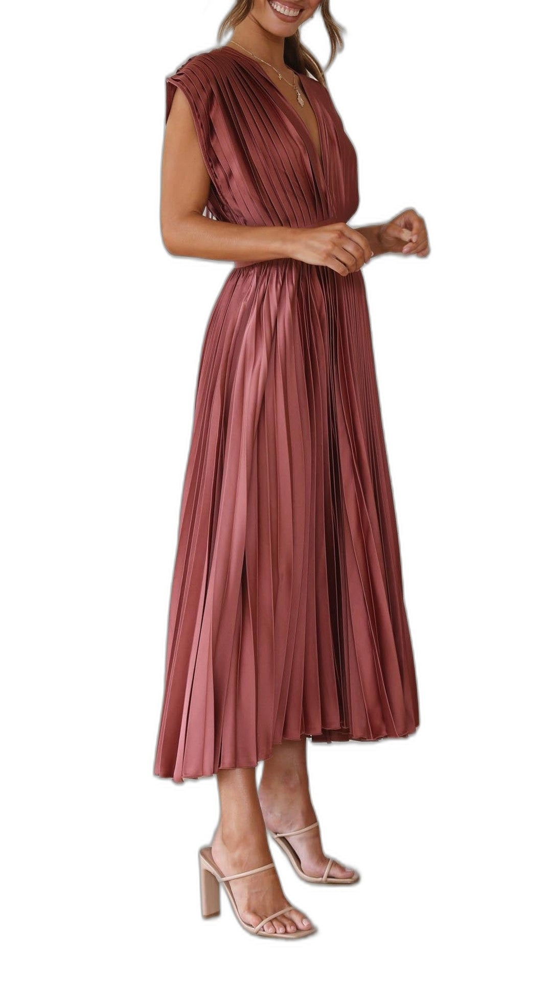 Elegant Pink Midi Dress for Women with V Neck Sleeveless Wrap Pleated Cocktail Style