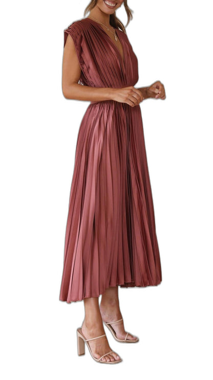 Elegant Pink Midi Dress for Women with V Neck Sleeveless Wrap Pleated Cocktail Style