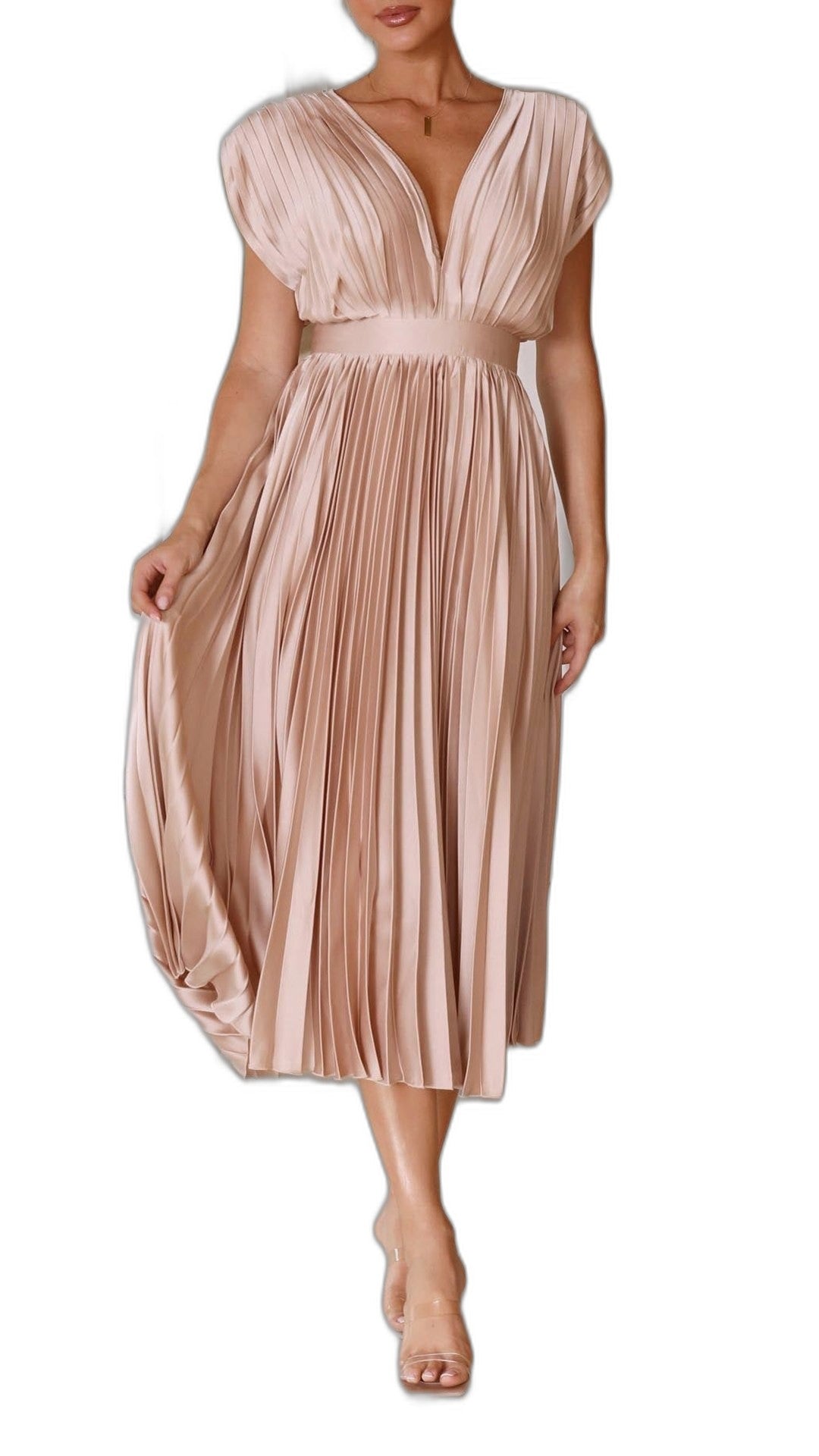 Elegant Pink Midi Dress for Women with V Neck Sleeveless Wrap Pleated Cocktail Style