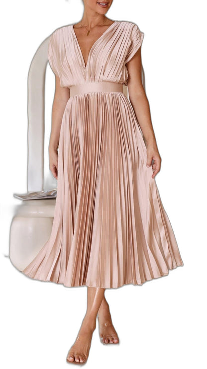 Elegant Pink Midi Dress for Women with V Neck Sleeveless Wrap Pleated Cocktail Style
