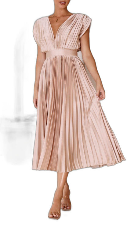 Elegant Pink Midi Dress for Women with V Neck Sleeveless Wrap Pleated Cocktail Style