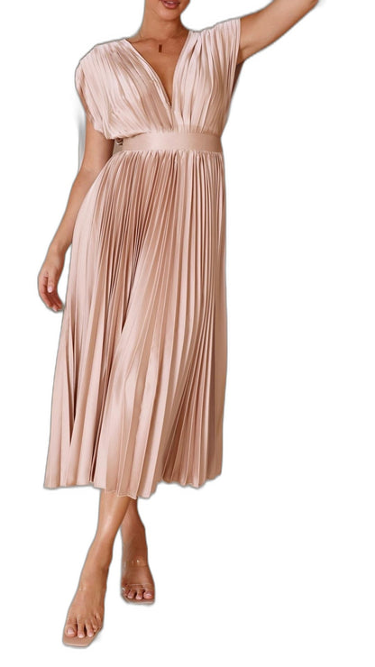 Elegant Pink Midi Dress for Women with V Neck Sleeveless Wrap Pleated Cocktail Style