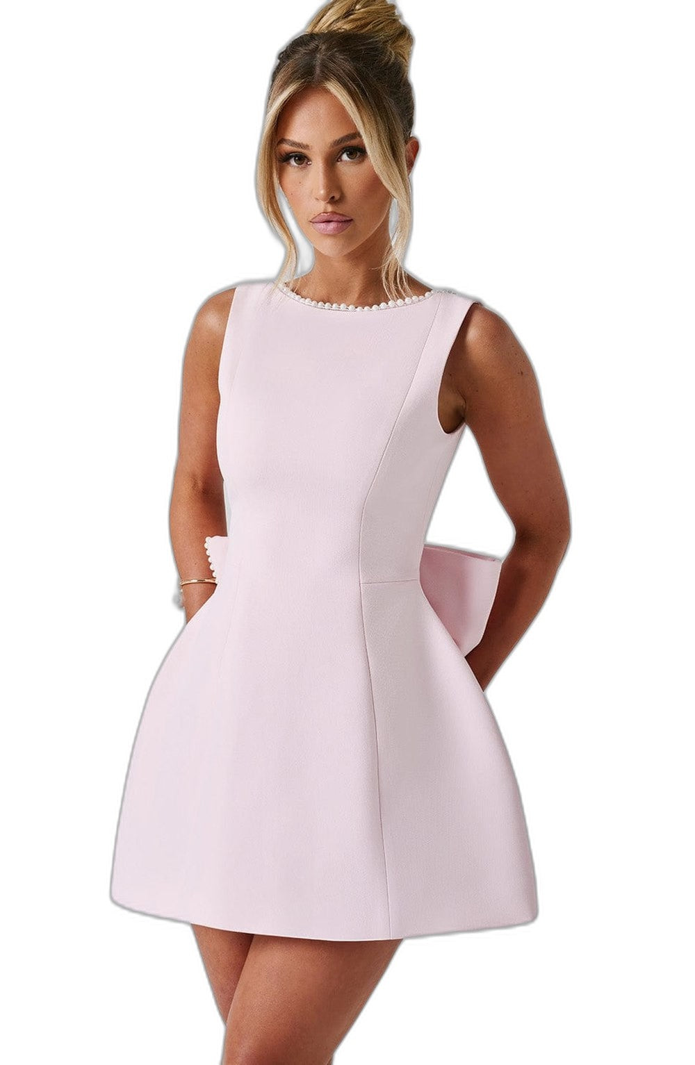 Elegant Pink Mini Dress for Women with Boat Neck Sleeveless Fit And Flare Pockets Party Style