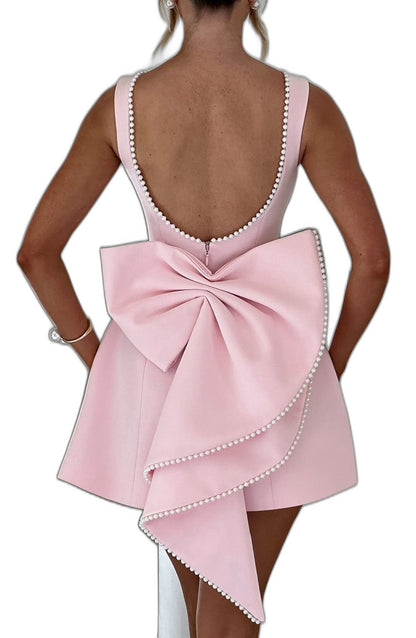 Elegant Pink Mini Dress for Women with Boat Neck Sleeveless Fit And Flare Pockets Party Style