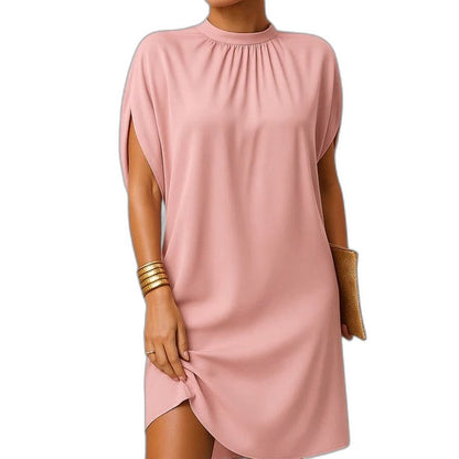 Elegant Pink Mini Dress for Women with High Neck Cap Sleeve Ruched Cocktail Style