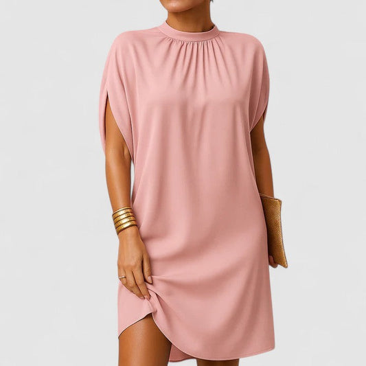 Elegant Pink Mini Dress for Women with High Neck Cap Sleeve Ruched Cocktail Style