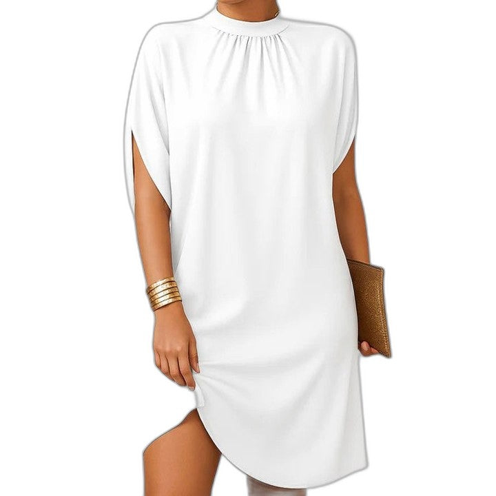 Elegant Pink Mini Dress for Women with High Neck Cap Sleeve Ruched Cocktail Style