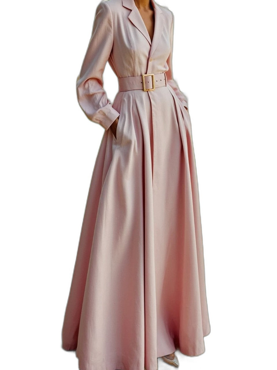 Elegant Pink Satin Maxi Dress for Women with Collared Long Sleeve A Line Pleated Button Front Cocktail Style