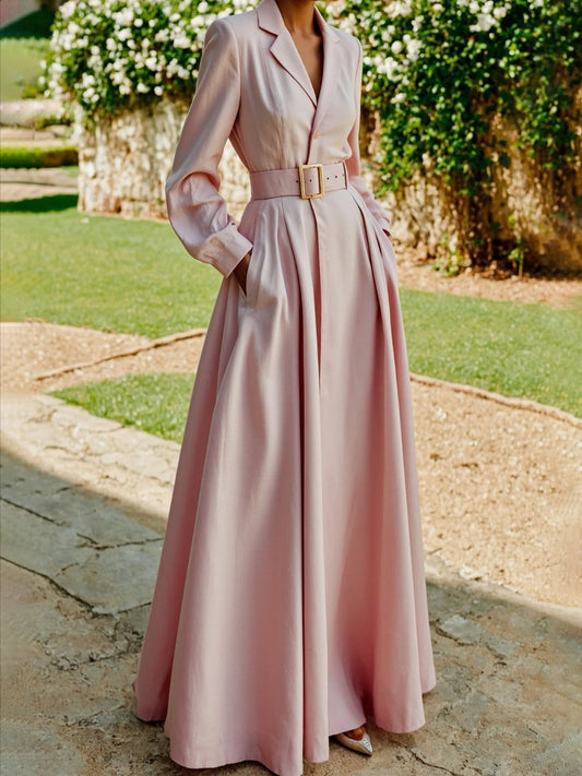 Elegant Pink Satin Maxi Dress for Women with Collared Long Sleeve A Line Pleated Button Front Cocktail Style