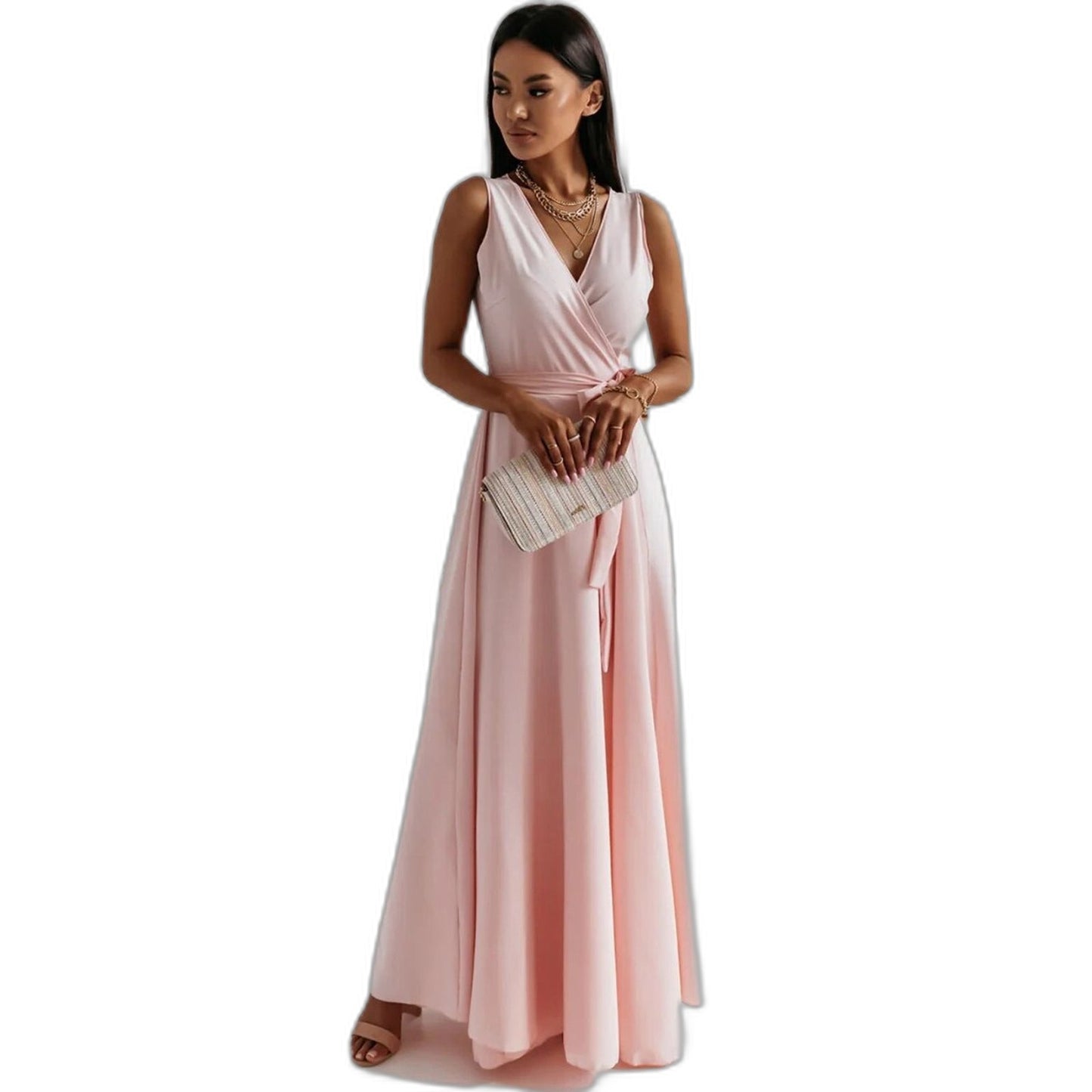 Elegant Pink Satin Maxi Dress for Women with V Neck Sleeveless A Line Wrap Flowing Formal Style