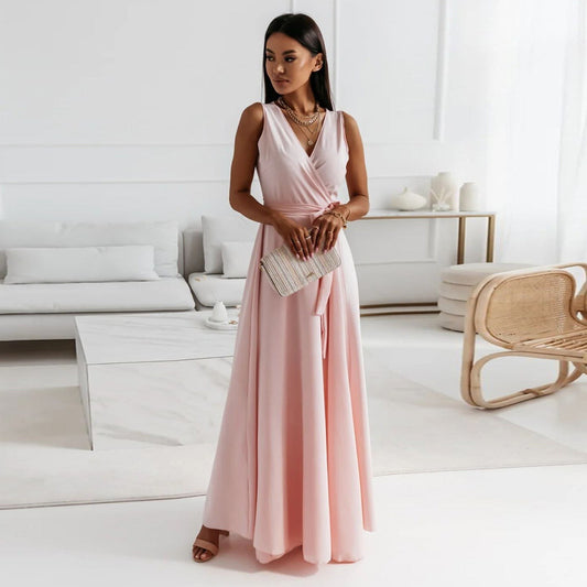 Elegant Pink Satin Maxi Dress for Women with V Neck Sleeveless A Line Wrap Flowing Formal Style