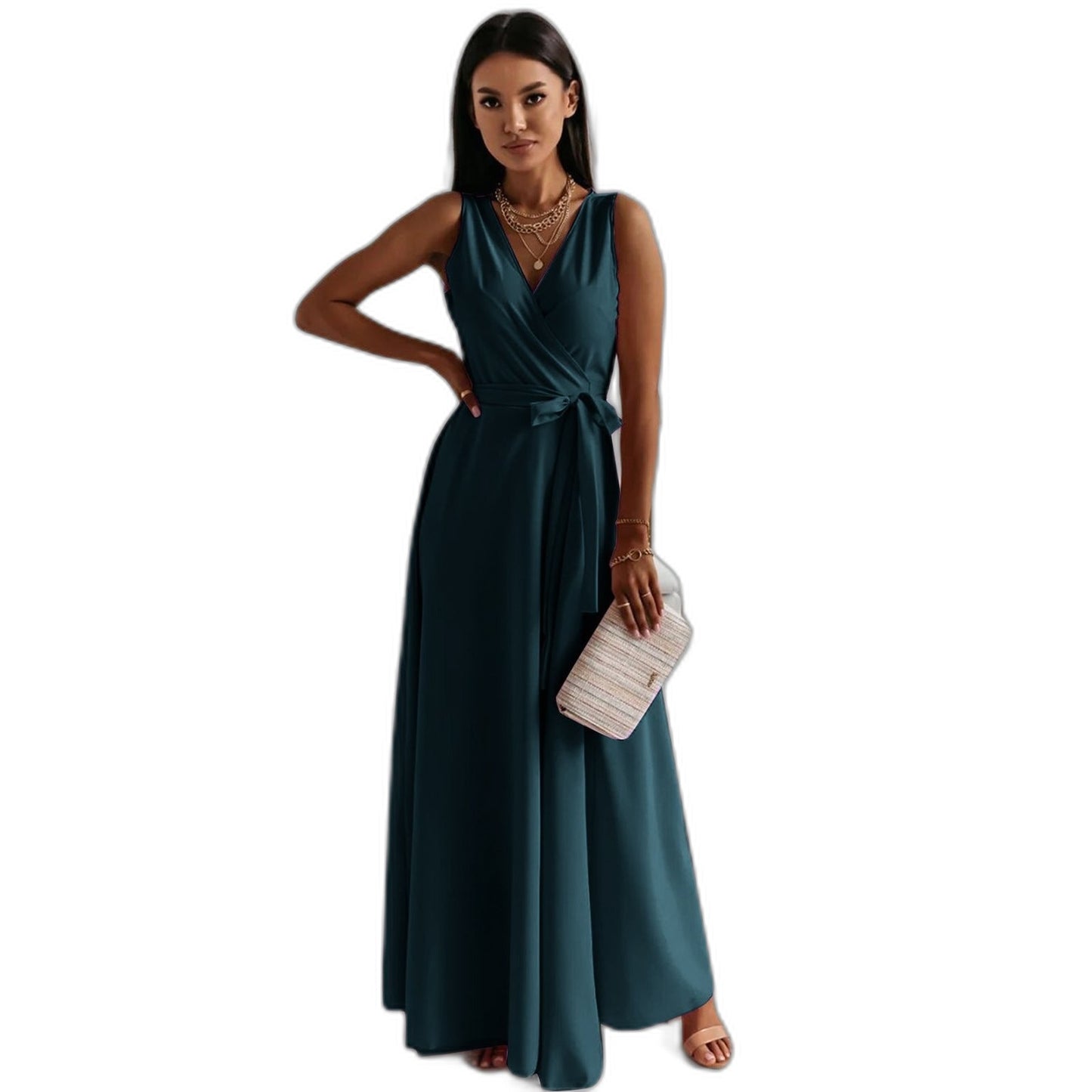 Elegant Pink Satin Maxi Dress for Women with V Neck Sleeveless A Line Wrap Flowing Formal Style