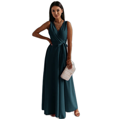 Elegant Pink Satin Maxi Dress for Women with V Neck Sleeveless A Line Wrap Flowing Formal Style