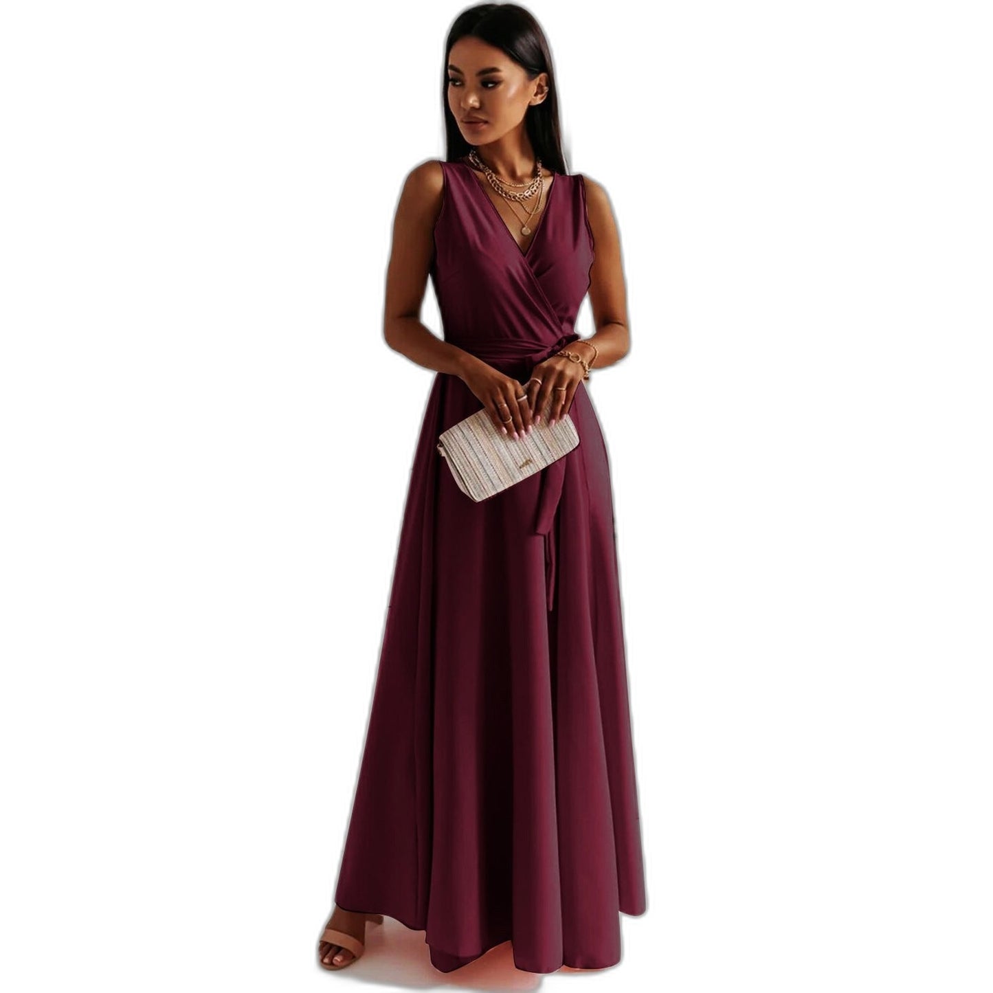 Elegant Pink Satin Maxi Dress for Women with V Neck Sleeveless A Line Wrap Flowing Formal Style