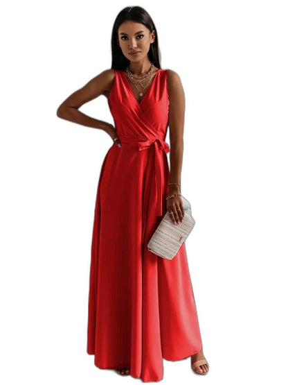 Elegant Pink Satin Maxi Dress for Women with V Neck Sleeveless A Line Wrap Flowing Formal Style