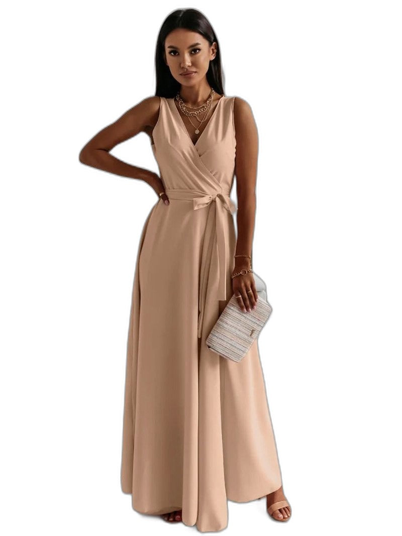 Elegant Pink Satin Maxi Dress for Women with V Neck Sleeveless A Line Wrap Flowing Formal Style