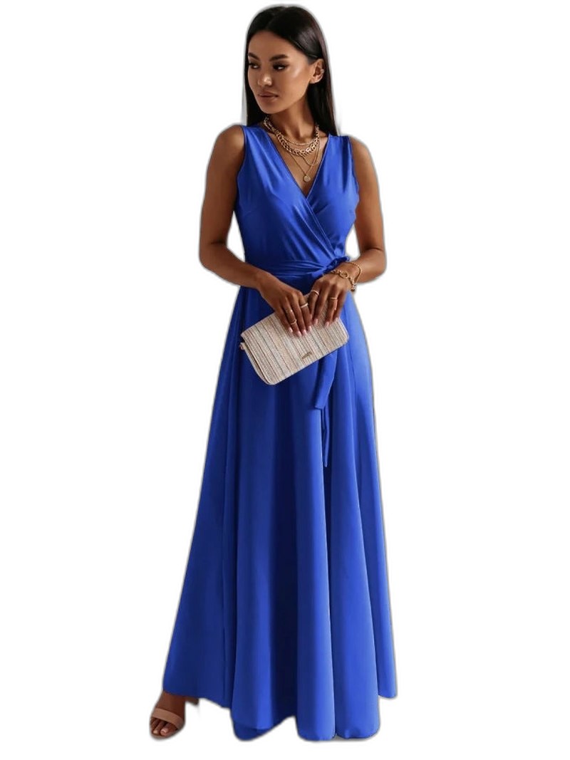 Elegant Pink Satin Maxi Dress for Women with V Neck Sleeveless A Line Wrap Flowing Formal Style