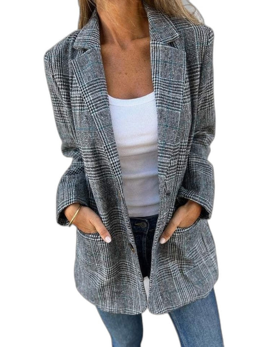 Elegant Plaid Blazer for Women with Collared Long Sleeve Button Front Pockets Office Style