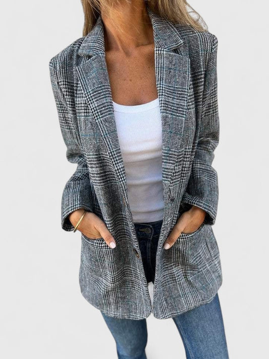 Elegant Plaid Blazer for Women with Collared Long Sleeve Button Front Pockets Office Style