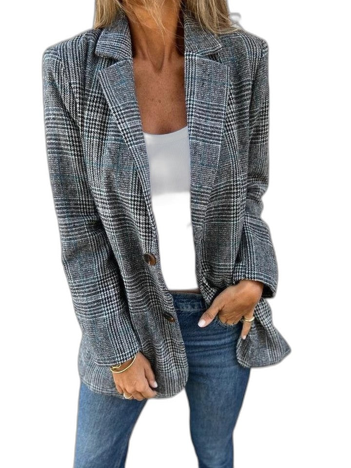 Elegant Plaid Blazer for Women with Collared Long Sleeve Button Front Pockets Office Style