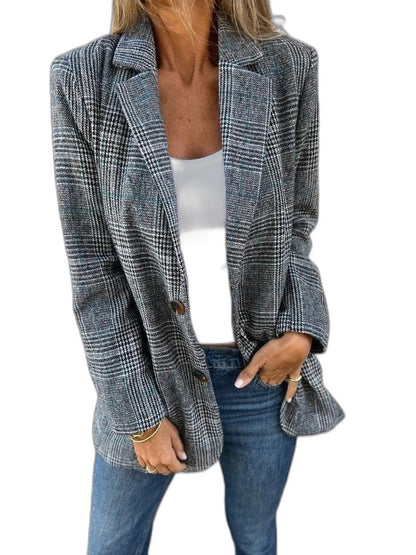 Elegant Plaid Blazer for Women with Collared Long Sleeve Button Front Pockets Office Style