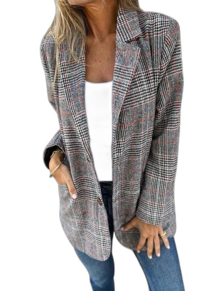 Elegant Plaid Blazer for Women with Collared Long Sleeve Button Front Pockets Office Style