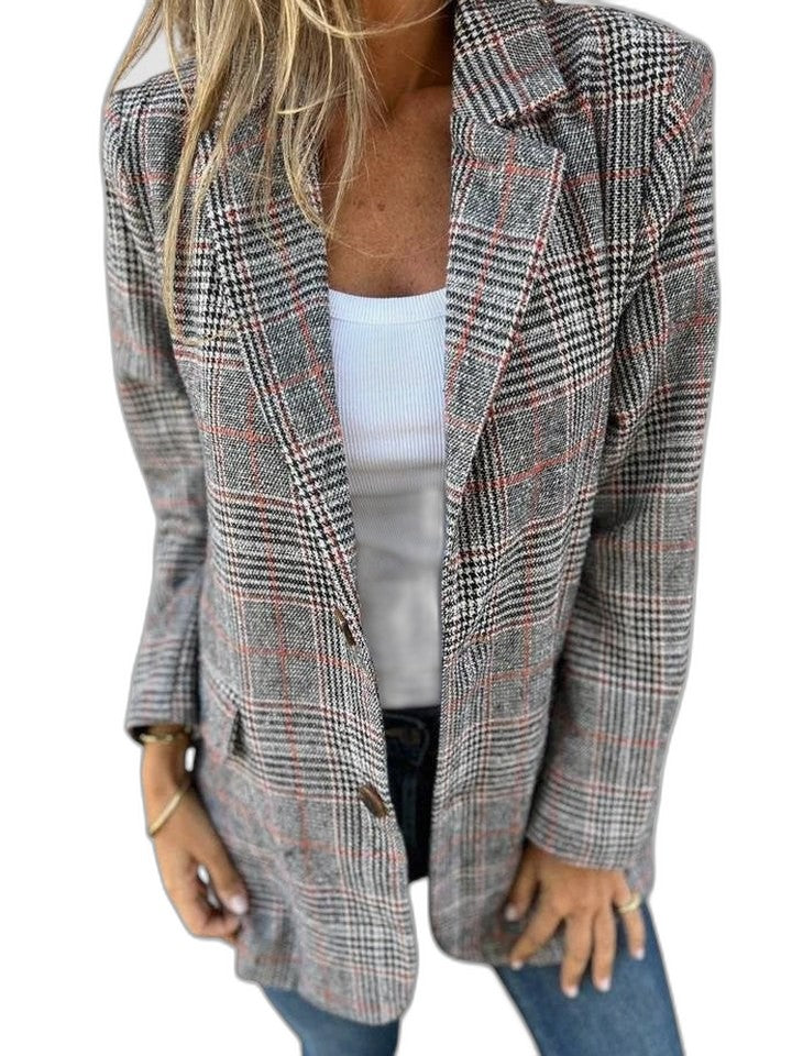 Elegant Plaid Blazer for Women with Collared Long Sleeve Button Front Pockets Office Style