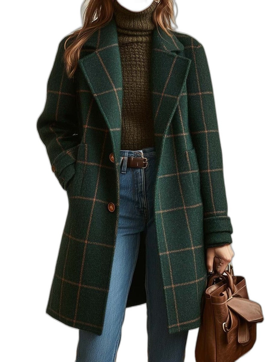 Elegant Plaid Coat for Women with Collared Long Sleeve Button Front Office Style