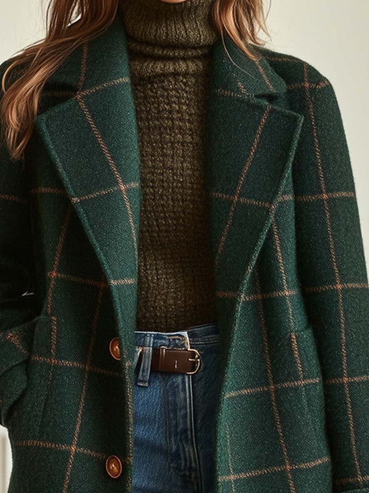 Elegant Plaid Coat for Women with Collared Long Sleeve Button Front Office Style