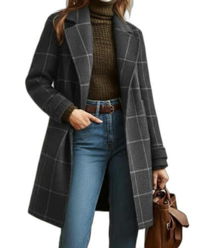 Elegant Plaid Coat for Women with Collared Long Sleeve Button Front Office Style