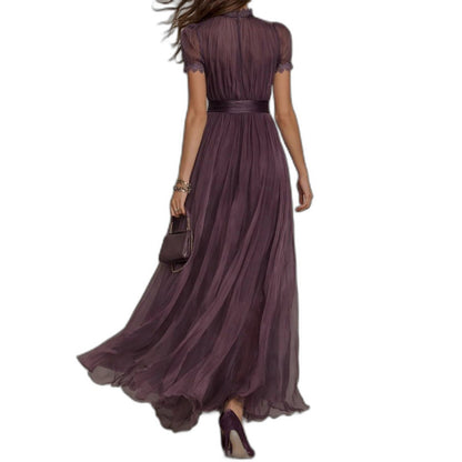 Elegant Purple Chiffon Maxi Dress for Women with V Neck Short Sleeve Belted Flowing Formal Style
