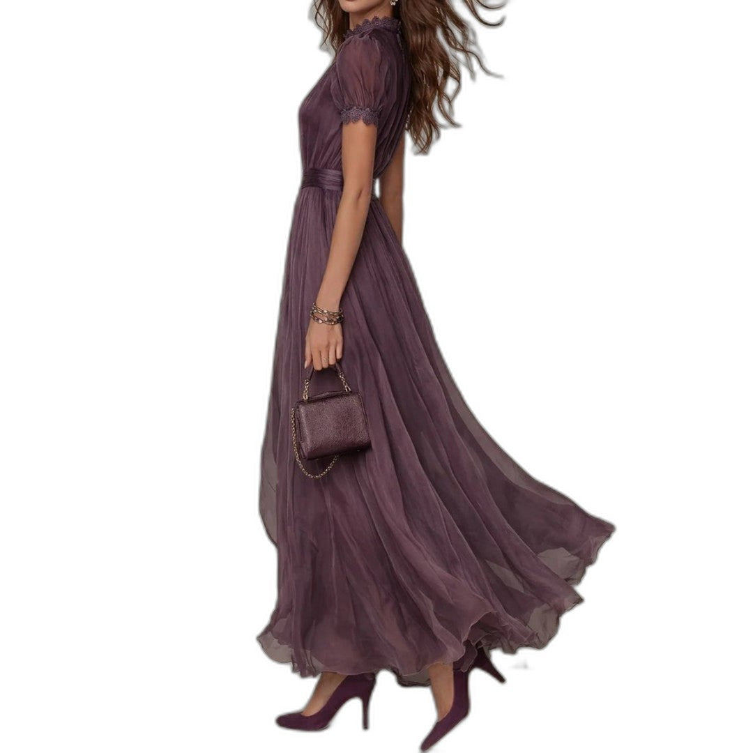 Elegant Purple Chiffon Maxi Dress for Women with V Neck Short Sleeve Belted Flowing Formal Style