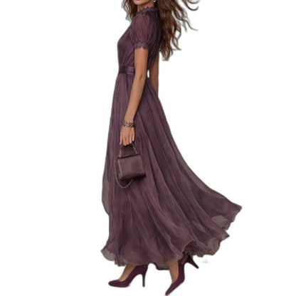Elegant Purple Chiffon Maxi Dress for Women with V Neck Short Sleeve Belted Flowing Formal Style