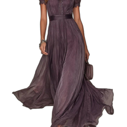 Elegant Purple Chiffon Maxi Dress for Women with V Neck Short Sleeve Belted Flowing Formal Style