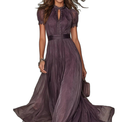 Elegant Purple Chiffon Maxi Dress for Women with V Neck Short Sleeve Belted Flowing Formal Style