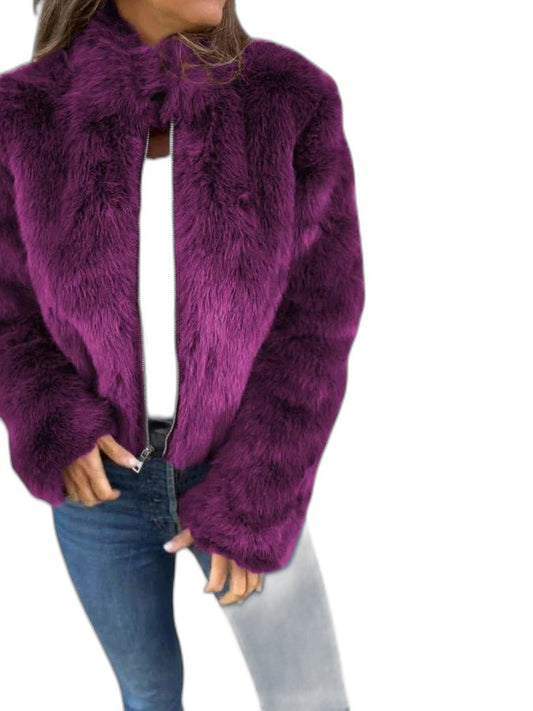 Elegant Purple Jacket for Women with Long Sleeve Cropped Fur Lined Party Style