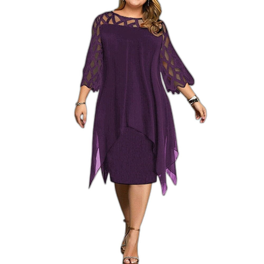 Elegant Purple Lace Midi Dress for Women with Crew Neck Elbow Sleeve Flowing Cocktail Style