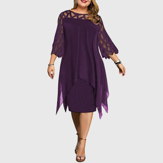 Elegant Purple Lace Midi Dress for Women with Crew Neck Elbow Sleeve Flowing Cocktail Style