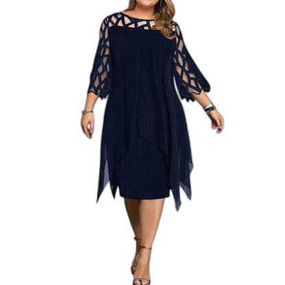 Elegant Purple Lace Midi Dress for Women with Crew Neck Elbow Sleeve Flowing Cocktail Style