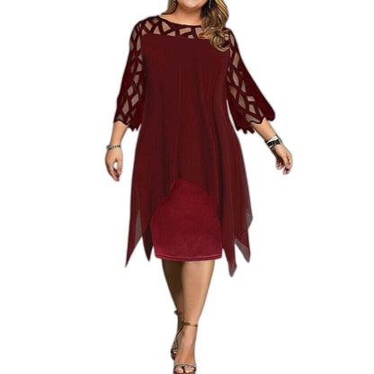 Elegant Purple Lace Midi Dress for Women with Crew Neck Elbow Sleeve Flowing Cocktail Style