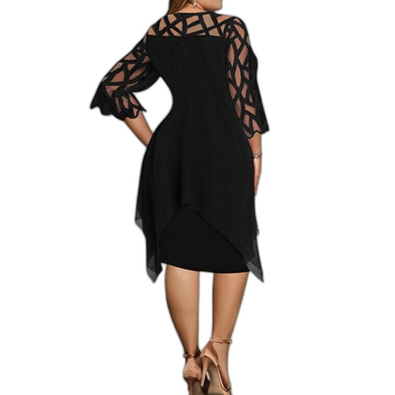 Elegant Purple Lace Midi Dress for Women with Crew Neck Elbow Sleeve Flowing Cocktail Style
