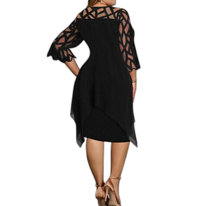 Elegant Purple Lace Midi Dress for Women with Crew Neck Elbow Sleeve Flowing Cocktail Style