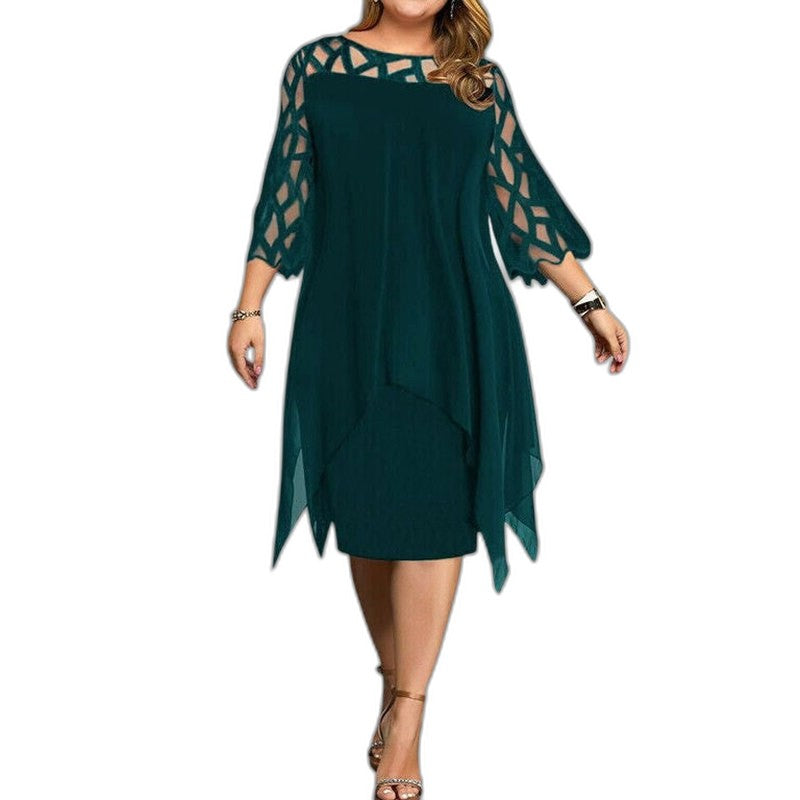 Elegant Purple Lace Midi Dress for Women with Crew Neck Elbow Sleeve Flowing Cocktail Style