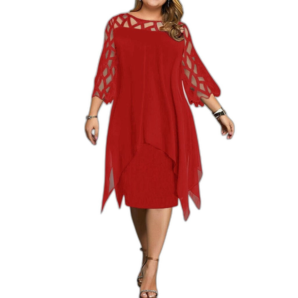Elegant Purple Lace Midi Dress for Women with Crew Neck Elbow Sleeve Flowing Cocktail Style