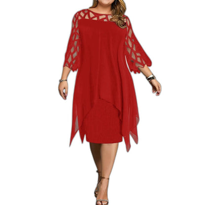Elegant Purple Lace Midi Dress for Women with Crew Neck Elbow Sleeve Flowing Cocktail Style