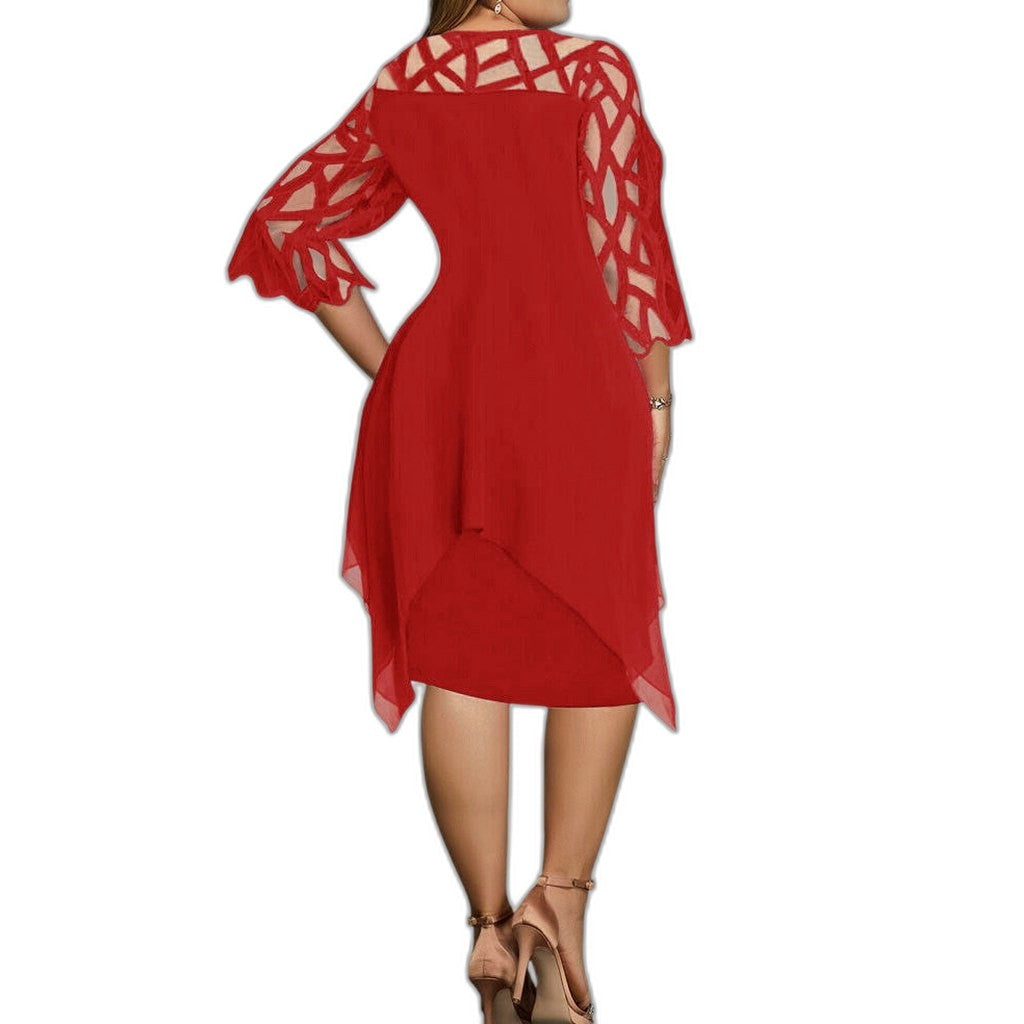 Elegant Purple Lace Midi Dress for Women with Crew Neck Elbow Sleeve Flowing Cocktail Style