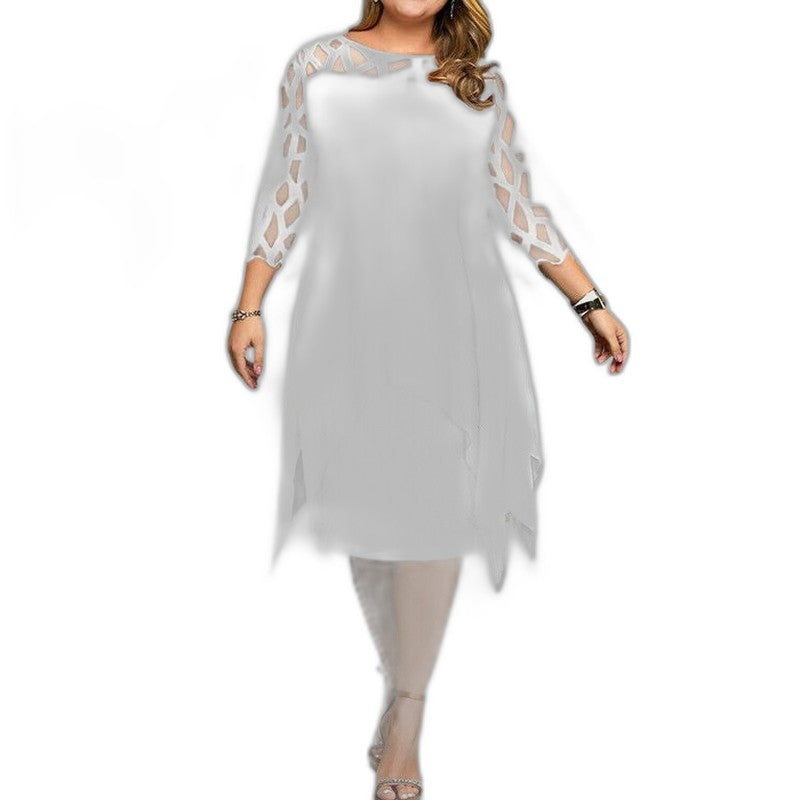Elegant Purple Lace Midi Dress for Women with Crew Neck Elbow Sleeve Flowing Cocktail Style