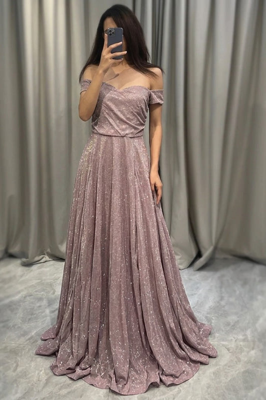 Elegant Purple Maxi Dress for Women with Off Shoulder Short Sleeve A Line Flowing Formal Style