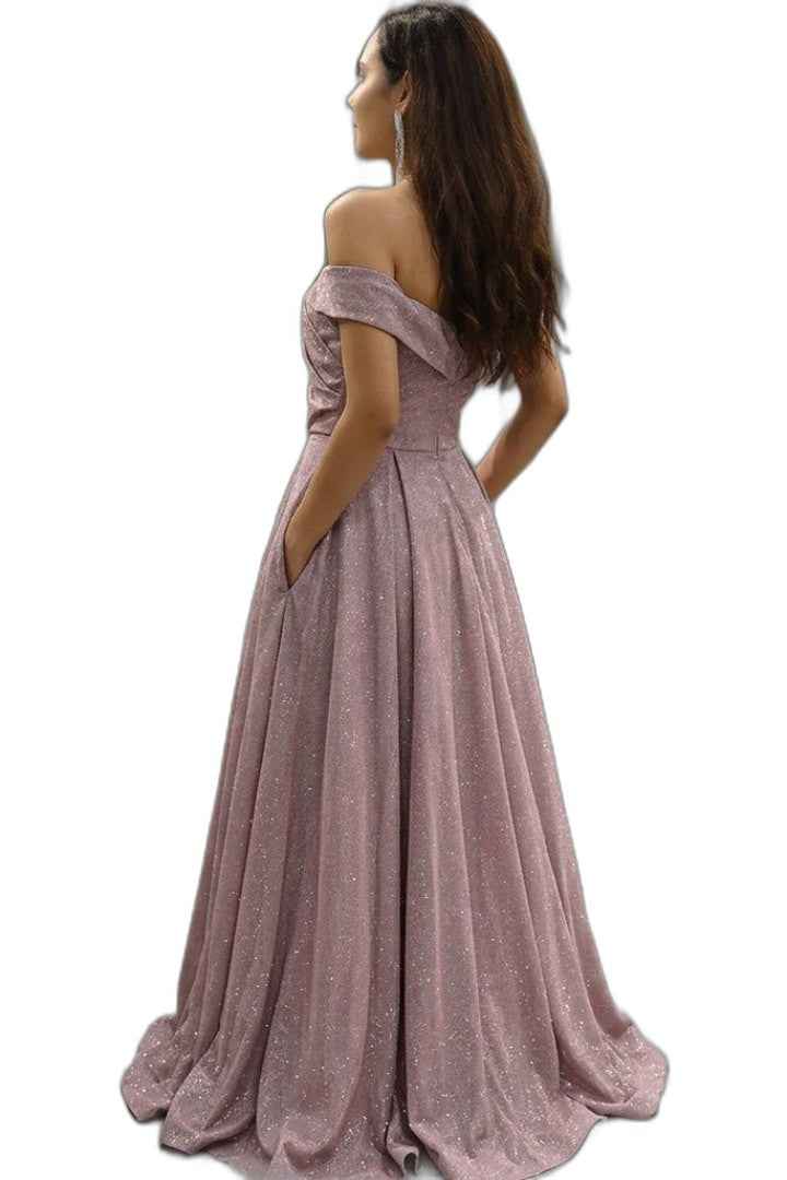 Elegant Purple Maxi Dress for Women with Off Shoulder Short Sleeve A Line Flowing Formal Style