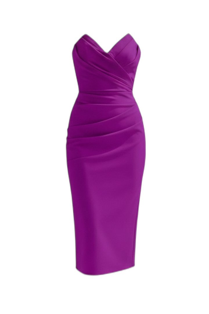 Elegant Purple Satin Midi Dress for Women with Sweetheart Sleeveless Bodycon Ruched Cocktail Style